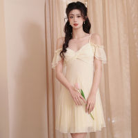 Ao Dai 2023 สไตล์ใหม่เจ้าหญิงลมบางเชือกแขวนคอออกแบบความรู้สึกสั้นกระโปรงนอนตาข่ายผ้าฤดูใบไม้ผลิฤดูร้อนหวานเซ็กซี่กระโปรงนอนสามารถสวมใส่ด้านนอก