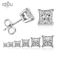 IOGOU 925 Sterling Silver Stud Earrings For Women 4 Claws Square Zirconia Earring Wedding Engagement Bridal Diamond Jewelry Gift