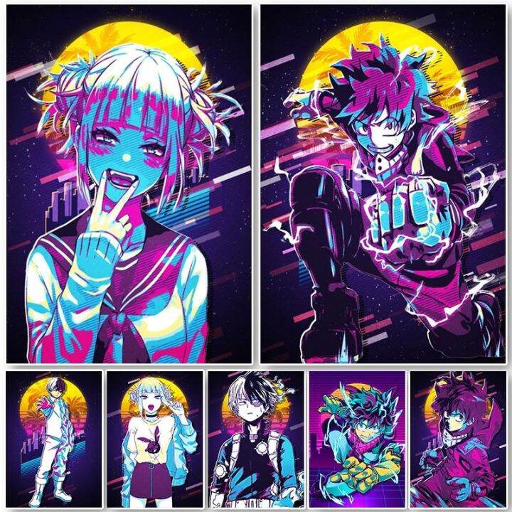 my-hero-academia-anime-โปสเตอร์-retro-neon-ตัวการ์ตูน-todoroki-deku-ภาพวาดผ้าใบภาพผนังศิลปะสำหรับตกแต่งบ้าน