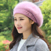 Beret Women Winter Hat Angora Knit Beanie Autumn Warm Flower Double Layers Skiing Thermal Outdoor Accessory For Lady