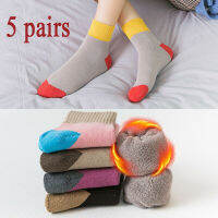 5Pairs Retro Thicken Women Socks Winter Patchwork Stripe Solid Socks Female New fleece terry Tube Sock Girls Students