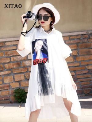 XITAO Dress Mesh Ruffle Print Irregular Mini Shirt Dress