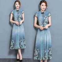 【สะดวกสบาย】2023 ฤดูร้อน Retro ขาตั้งคอปกพิมพ์ชุดกระโปรงยาวกระโปรง Cheongsam Slim Swing ที่ปรับปรุงแล้ว