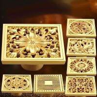 Gold Color Brass Carved Flower Pattern Bathroom Shower Drain 4" Square Floor Drain Waste Grates Bathroom Accessory mzh201 Traps Drains