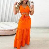 【LZ】ஐ⊙  Fato feminino sexy com renda enrolada suspensórios no peito saia longa plissada de cintura alta conjuntos de vestidos casuais sólidos verão conjunto de 2 peças