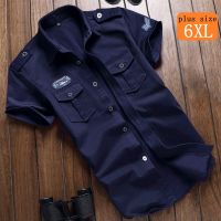 【YF】 Camisa de algodão manga curta para homens tops tácticos cor sólida bolso azul alta qualidade roupas plus size 6XL verão