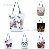 ZZOOI Cartoon Butterfly Flowers Print Handbag Eco Friendly High Capacity Portable Shopping Bag Customizable Travel Beach Shoulder Bag