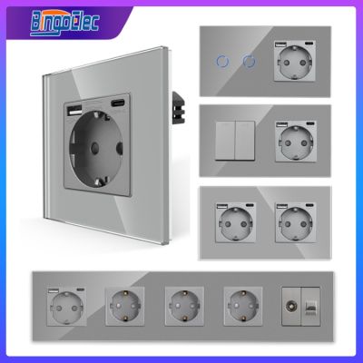 EU Standard Wall Socket with USB Type C Outlet with TV internet Light Switch Grey Crystal Glass Interruptor CAT6 interface