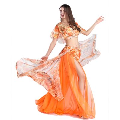 hot【DT】 Belly Dancing Top Skirt Set Costumes Printed Crop Practice Outfits -ZH8809