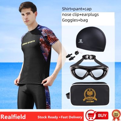 ✘⊕ hnf531 (L-4XL) Men Short Swimming set male adult anti-embarrassment five-point large size quick-drying swimming hot spring goggles equipment set (Short Rash Guard pantnose clipearplugscapsGoggles and bag)