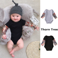 Thorn Tree ทารกแรกเกิดเด็กวัยหัดเดินเด็กทารกบอดี้สูท Patched แขนยาวรอบคอสีเทาสีดำ Jumpsuit ชุดเสื้อผ้า 0-18M