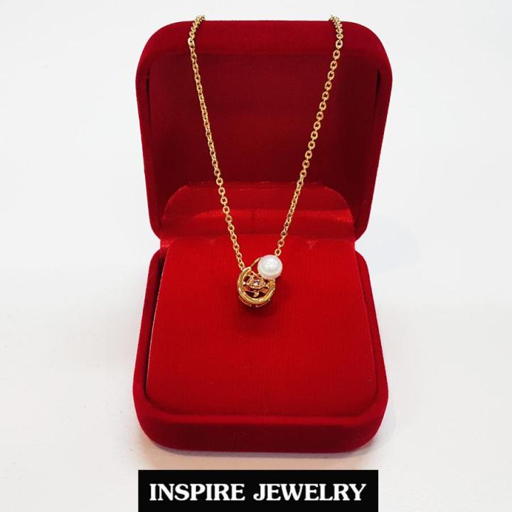 inspire-jewelry-ชุดเซ็ททองชมพูจี้มุกหนึ่งเพชร-และเพชรcz-เพชรหนึ่งเม็ด-สวยเกรด-aaa-sizeสร้อยคอยาว-16-งานแบบร้านเพชร