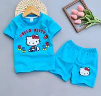 [KIT02] เสื้อผ้าเด็ก ชุดเด็ก เสื้อยืดแขนสั้น + กางเกงขาสั้น ผ้าคอตตอน100% สกรีนลายการ์ตูน แมว KT สีฟ้า น่ารักมากค่ะ (1 ชุด)