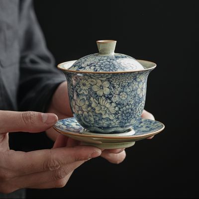 ดอกไม้โบราณเซรามิคเปิด Gaiwan สำหรับชาสีฟ้า Tureen Teaware ชุดชาจีนชาม Chawan Lily Deng S Store ถ้วยชา