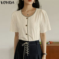 (จัดส่งฟรี)Fancystyle VONDA เสื้อผู้หญิงกระดุมเสื้อสตรีแขนยาวพัฟลูกไม้ตัดกันเสื้อยืดคอกลมหรูหรา