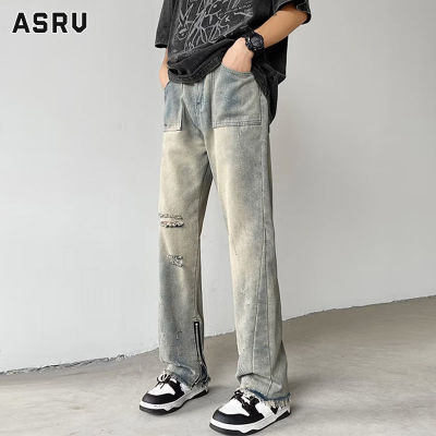 ASRV กางเกงยีนส์ชาย กางเกงขายาว ชาย กางเกงยีนส์ผู้ชาย jeans for men กางเกงกางเกงยีนส์แต่งลายขาดๆแนวไฮสตรีทซิปย้อนยุคกางเกงขาสั้นตรงของผู้ชาย