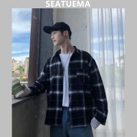 SEATUEMA เสื้อเชิ้ตลายตารางเสื้อโค้ทอเนกประสงค์เสื้อเชิ้ตลายตารางเวอร์ชันเกาหลีแขนยาวของผู้ชายทรงหลวมเทรนด์ศิลปะนักเรียนเยาวชน