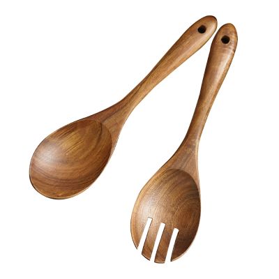 2Pcs Wooden Salad Servers Spoon Fork Set Long Handle Large Dinner Serving Cooking Untensils Cutlery Kitchen Tableware