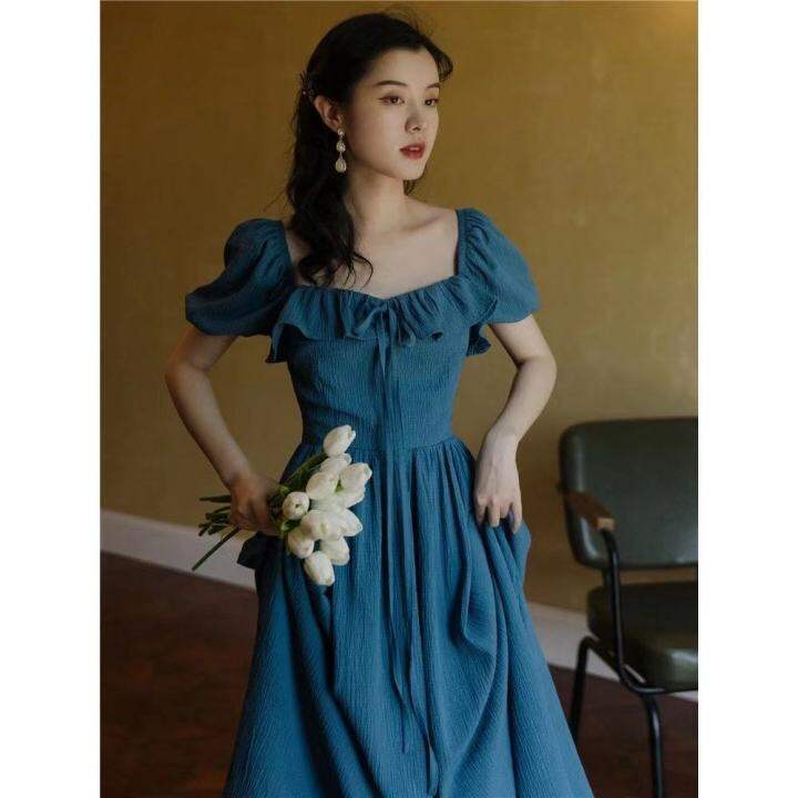 korean-style-women-ladies-summer-puff-sleeve-short-sleeve-square-neck-slim-waist-maxi-long-dress-ready-stock-new