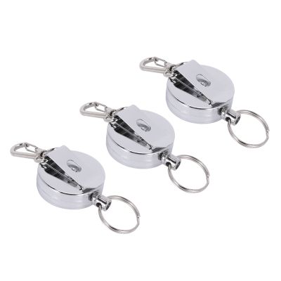 3 Pcs Stainless Silver Retractable Key Chain Recoil Keyring Heavy Duty Steel