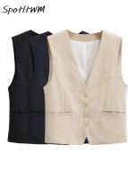 Vintage V Neck Single Buttons Cropped Waistcoat Sleeveless Office Chic Fomal Women Vest 2023 Female Fashion Street Outerwear