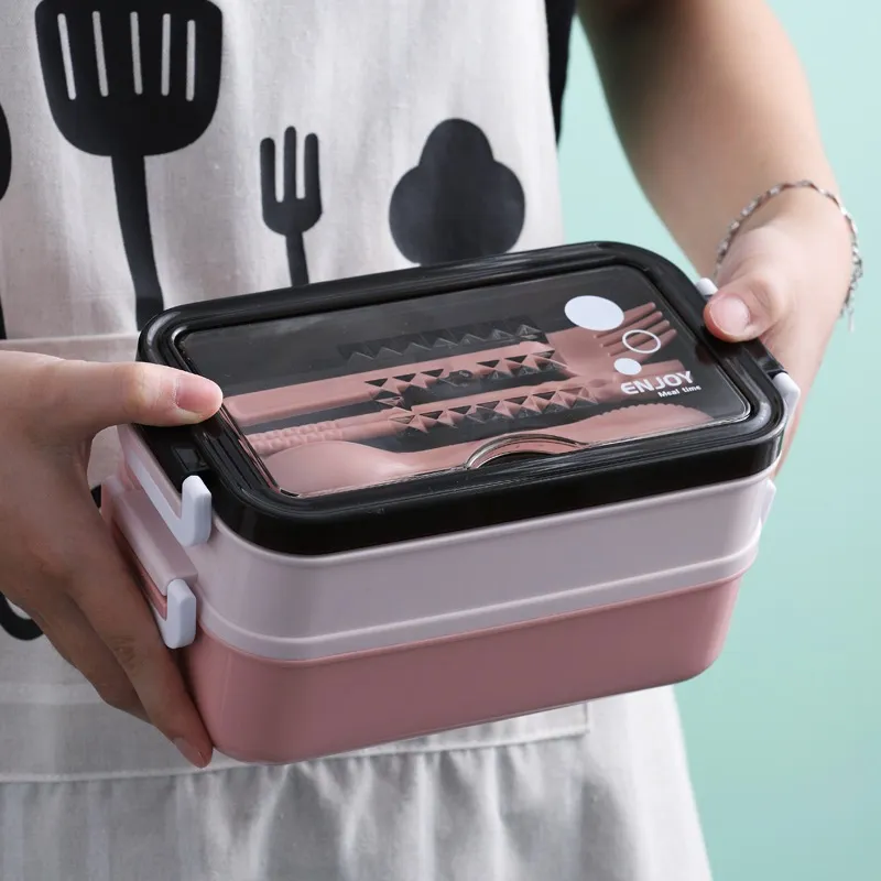  PUOENFGR Bento Lunch Box,Japanese-Style Large Capacity Double  Layer stacking,Microwave Can Be Used,Comes with Three-Piece Cutlery  Set,Adults Love It,Great for Camping,Work (Pink): Home & Kitchen