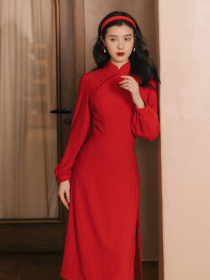 Retro ปรับปรุง Cheongsam แขนยาวสีแดงชุดสตรีกลับไปที่ประตู Toast เสื้อผ้า2022เสื้อผ้าสตรี