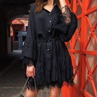 ZZOOI SINRGAN Women Black Patchwork with Lace Mini Dress Turn Down Collar Lace Up Sashes Summer Dress Female