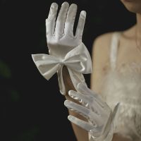 ◕♂ White Black Satin Short Woman Gloves with Bow for Wedding Fashion Adult Mittens Briddal Accessories Mariage