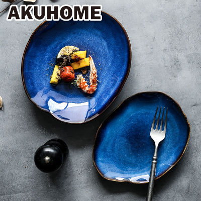 Ceramic Plate Irregular Dish Tableware Series Western Food Plate European Blue Color Glaze Salad Bowl Main Dish Kitchen Supplies