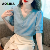 AOLINA 2023เสื้อคอวีสีแดงวินเทจของผู้หญิงเสื้อท่อนบนลายลูกไม้ใหม่ฤดูร้อน