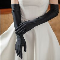 ☊✓ Sexy Black Satin Bride Gloves Elegant Long Vintage Wedding Gloves New Simple Guanti Sposa