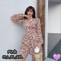 ?MYF มาใหม่?ชุดเดรสแขนยาวคอวีชายระบาย เอวสม็อคยืด ลายดอกไม้โทนชมพูเข้ม มีไซส์