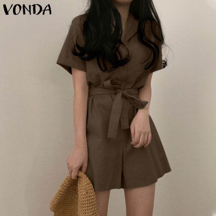 vonda-ชุดจั๊มสูทแขนสั้นลําลอง-คอปก-แต่งกระดุม-สไตล์เกาหลี-สําหรับผู้หญิง