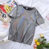 【Feb】 S 6XL Womens Sparkly Shiny Metallic Holographic Round Neck Short Sleeve Casual Loose Top Festival Party Tee Shirt Female Clothes