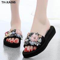 ☫♧☁ Wearing high-heeled slippers for women summer sweet flowers seaside muffin beach wedge heel thick-soled sandals