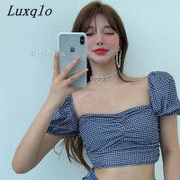 Luxqlo เสื้อเบลาส์คอเหลี่ยมสำหรับผู้หญิง,ใหม่เสื้อลายสก๊อตเข้ารูปสั้นเซ็กซี่เรียบง่ายเสื้อสวย