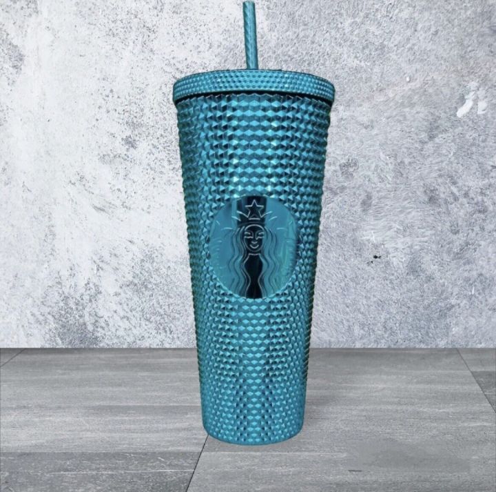 NEW Starbucks Summer 2023 Blue Chrome Teal Studded 24oz Venti Cold Cup