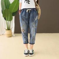 【มีไซส์ใหญ่】Plus Size Womens M-3XL Jeans Elastic Waist Embroidery Vintage Slim Cropped Denim Pants