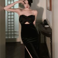 French design feeling restoring ancient ways backless sexy black condole belt dress female waist show thin Hepburn dress