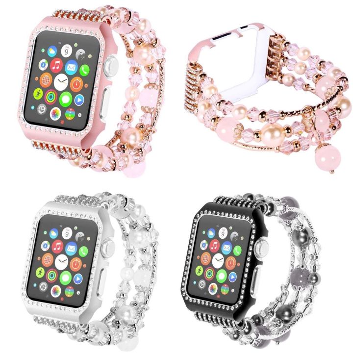 glitter-bling-ฝาครอบโลหะกรณี-shiny-agate-pearl-สายนาฬิกาสำหรับ-apple-watch-series-3-2-1-iwatch-band-สร้อยข้อมือแบบยืด-42-มม-38-มม