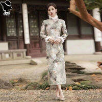 GW Cheongsam หนากับกำมะหยี่แขนยาวสไตล์ฤดูหนาวปรับปรุง Cheongsam สไตล์ High-End ยาวปานกลางทุกวัน