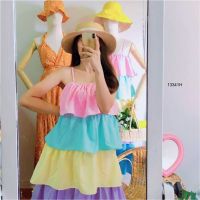 J13341 Maxi Dress เดรส สายเดี่ยว ขนมชั้น สีพาสเทล One-shoulder dress, layered dessert, pastel colors