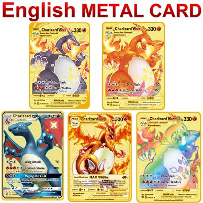 8 Styles English Pokemon letters Metal Cards GX VMAX Collection Gold Card Charizard Pikachu Game Battle Kids Toys Christmas Gift