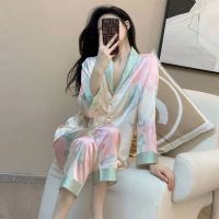 【JH】Pajamas Sets High-quality Light Luxury Silk Womens Sleepwear Spring Autumn Long-sleeve Fashion Ice Silk Home Clothes Loungewear