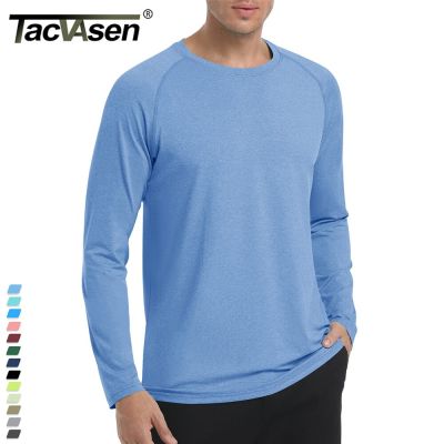 TACVASEN UPF 50 + เสื้อยืดคอกลมเสื้อป้องกันแสงแดดแขนยาวสำหรับผู้ชายตกปลาไต่เขาตั้งแคมป์เสื้อแห้งเร็วเสื้อยืดลำลอง Pullovers