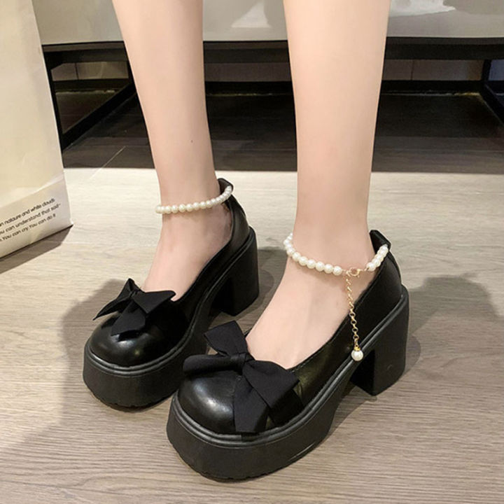kaidewemak-ส่งจากไทย-สไตล์แมรี่-เจน-สร้อยข้อเท้ามุกสวยหรูด้วย-สไตล์สาวบริสุทธิ์เวอร์ชั่นเกาหลี-รองเท้าส้นสูง