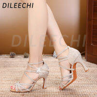 DILEECHI Latin Dance รองเท้า Gold Glitter Rhinestones สุทธิผู้หญิงบอลรูมเต้นรำรองเท้า Salsa Soft รองเท้าส้นสูง