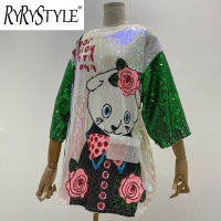 RYRYSTYLE แฟชั่นเสื้อยืดกระโปรงทรงหลวมปักเลื่อมตัดกันลายการ์ตูนสัตว์แขน3/4ของผู้หญิงเทรนด์เสื้อเงา