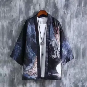 Men Embroidery Japanese Kimono Jacket Baggy Top Cardigan Thin Denim Outwear